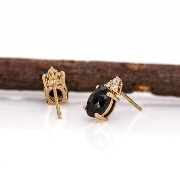 Black Spinel Stud Earrings in 14K Solid gold with Natural Diamond Accents - Picture 6 of 8